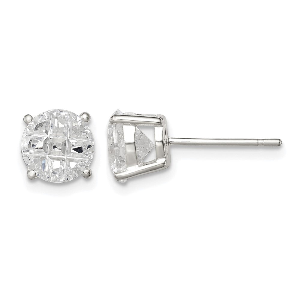 Sterling Silver 7mm Round Basket Set Laser-cut CZ Stud Earrings