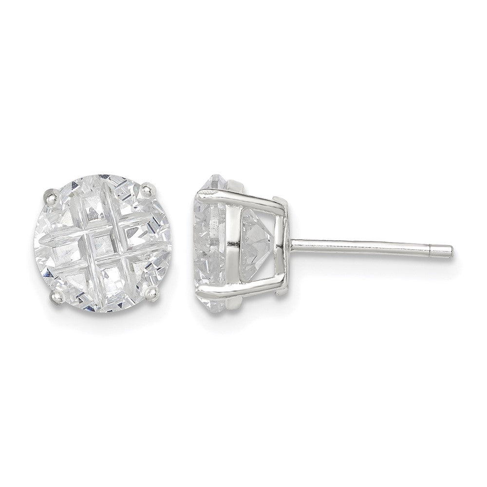 Sterling Silver 8mm Round Basket Set Laser-cut CZ Stud Earrings