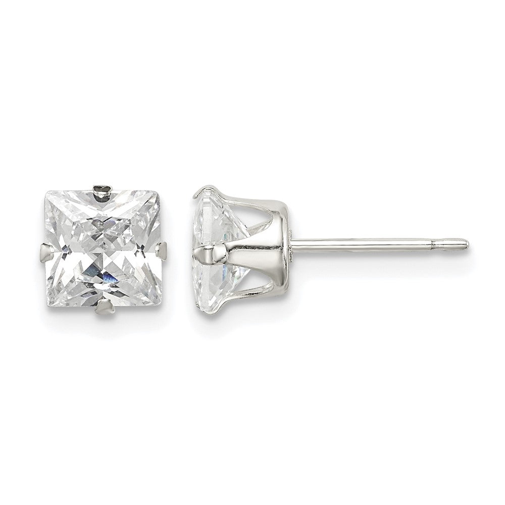 Sterling Silver 6mm Square Snap Set CZ Stud Earrings