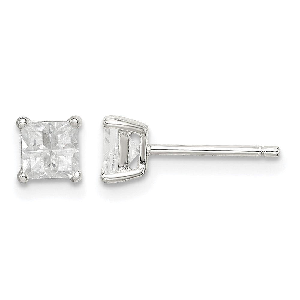 Sterling Silver 4mm Square Cross-cut CZ Basket Set Stud Earrings