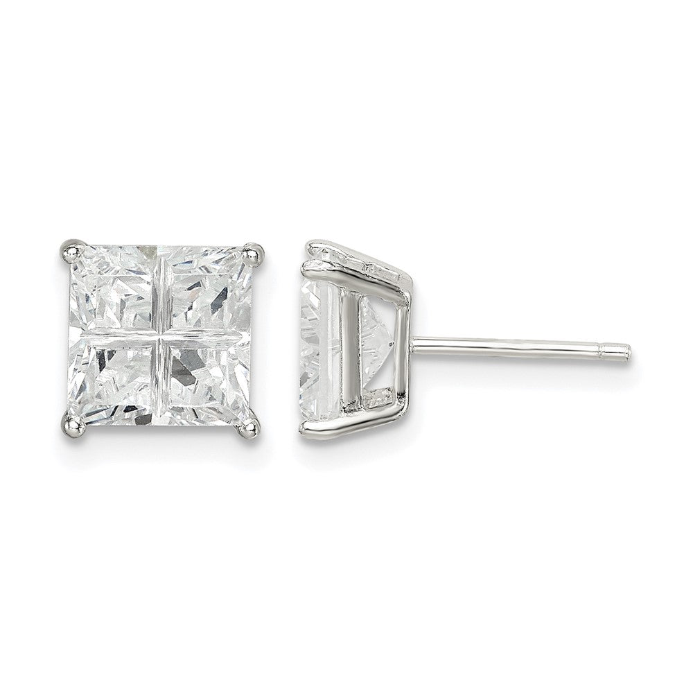 Sterling Silver 7mm Square Cross-cut CZ Basket Set Stud Earrings