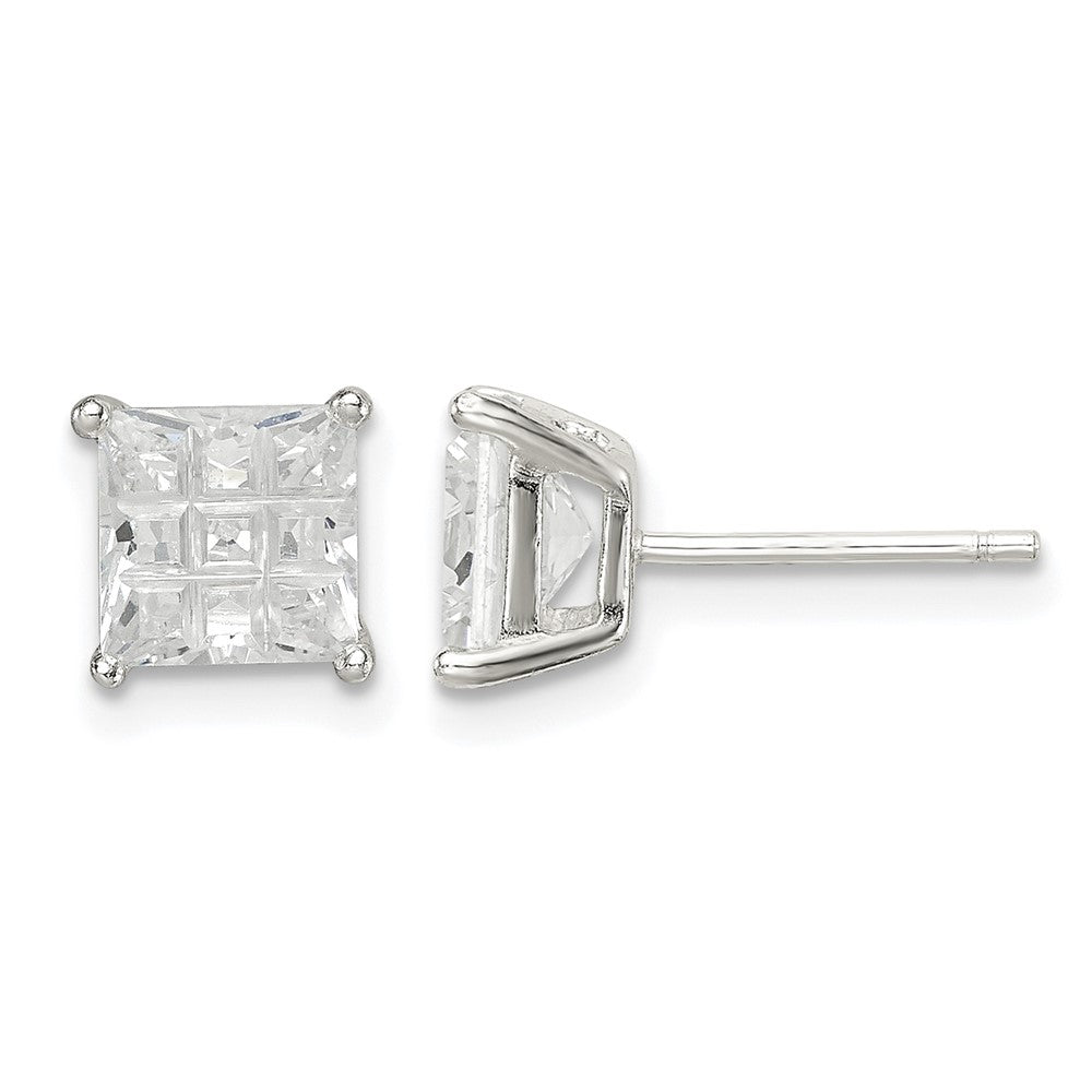 Sterling Silver 6mm Square Laser-cut CZ Basket Set Stud Earrings