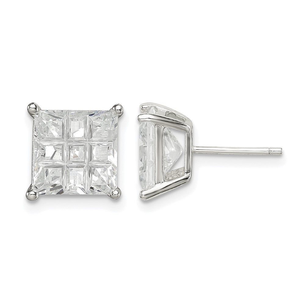 Sterling Silver 8mm Square Laser-cut CZ Basket Set Stud Earrings