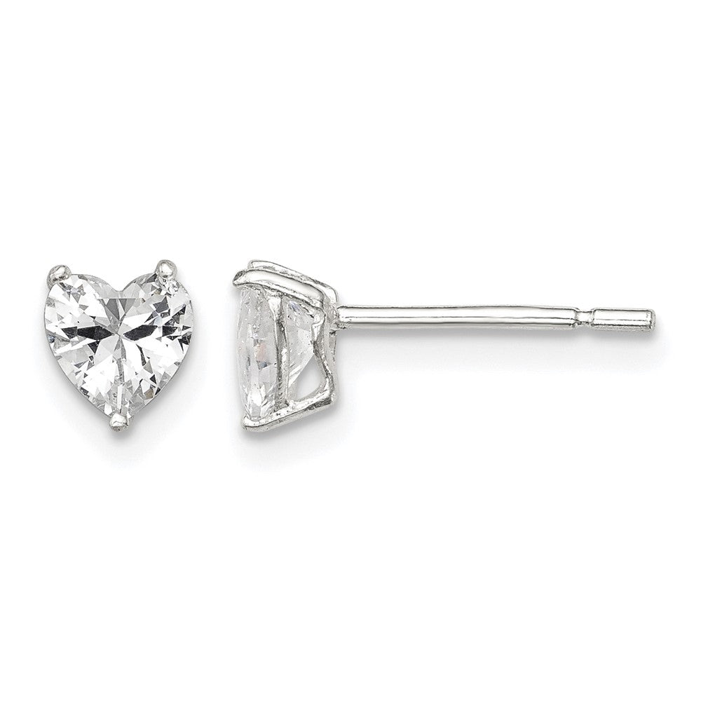 Sterling Silver Polished 5mm Heart 3 Prong Basket Set CZ Stud Earrings