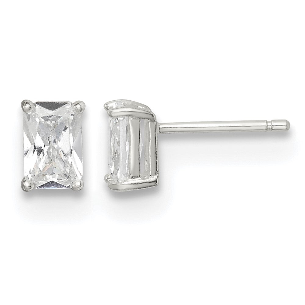 Sterling Silver Polished Emerald-cut 6x4mm Basket Set CZ Stud Earrings