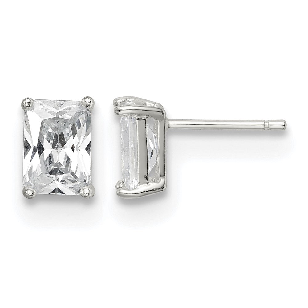 Sterling Silver Polished Emerald-cut 7x5mm Basket Set CZ Stud Earrings