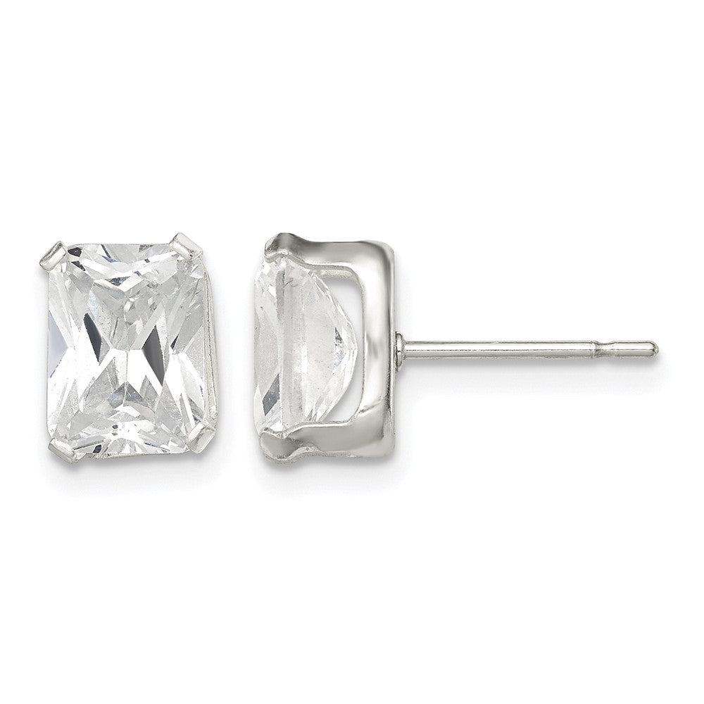 Sterling Silver Polished Emerald-cut 8x6mm Basket Set CZ Stud Earrings