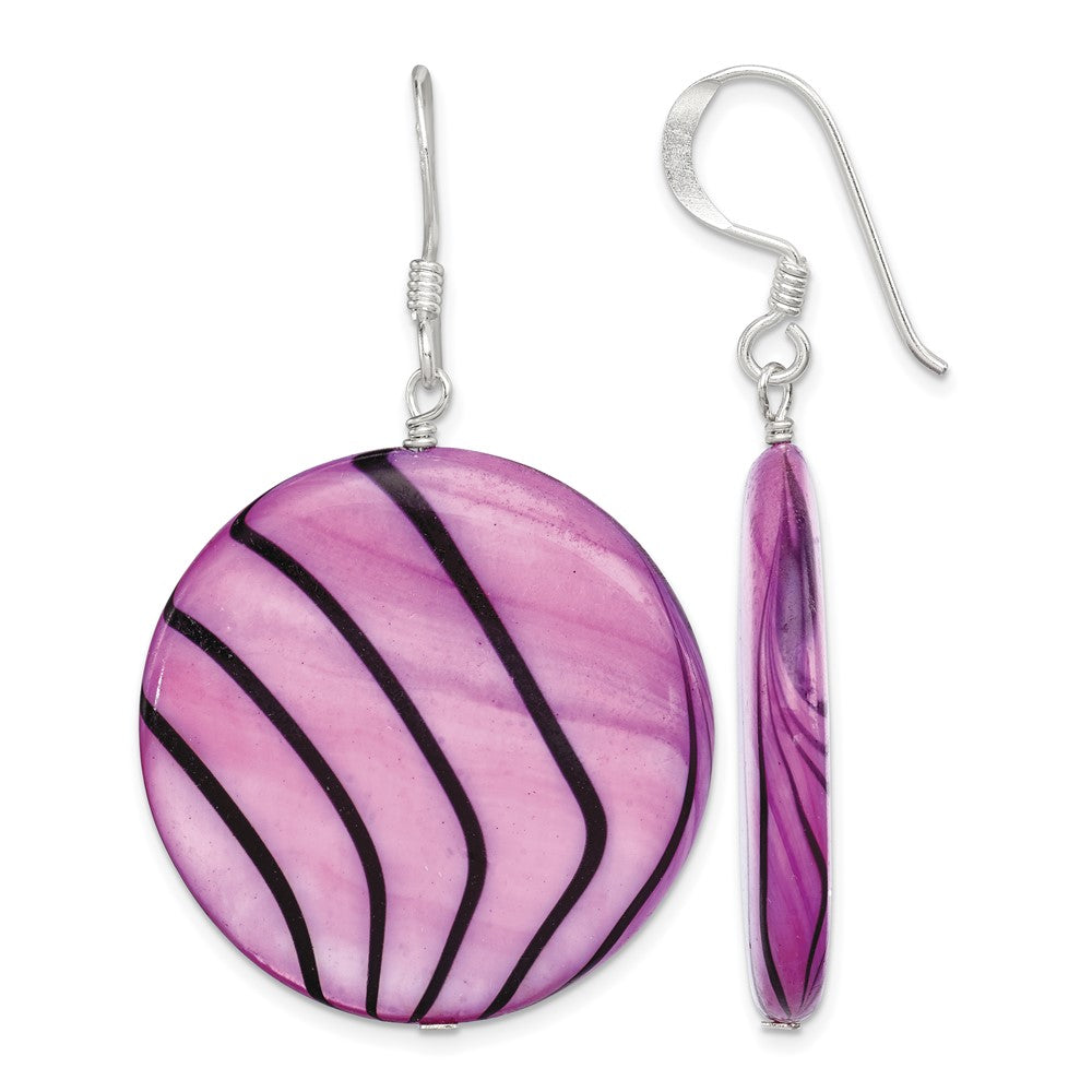 Sterling Silver Polished Pink & Black Mother of Pearl Disc Dangle Earrings
