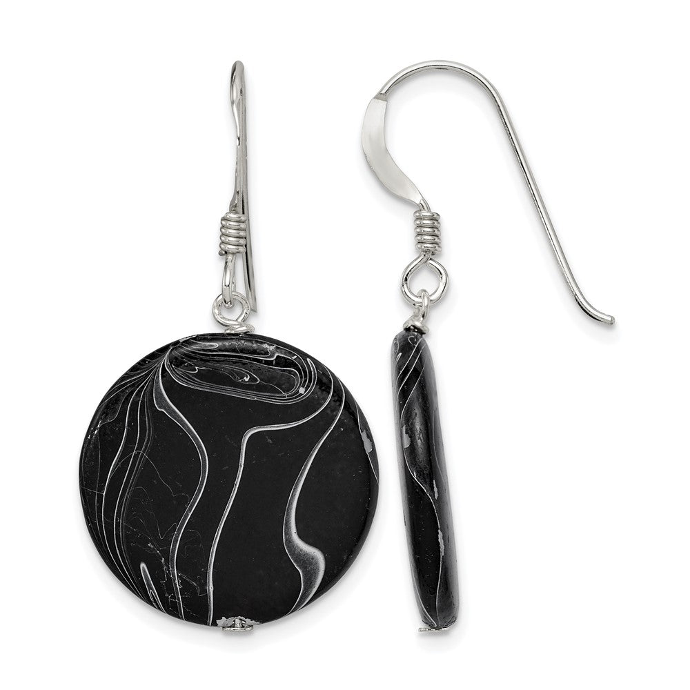 Sterling Silver Polished Black Agate Disc Dangle Earrings