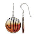 Sterling Silver Polished Orange/Black Mother of Pearl Disc Dangle Earrings