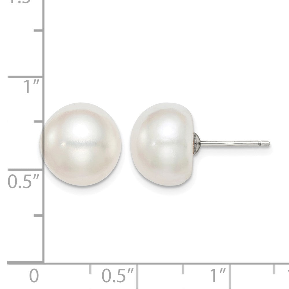 Sterling Silver Rh-plated 11-12mm White FWC Button Pearl Earrings