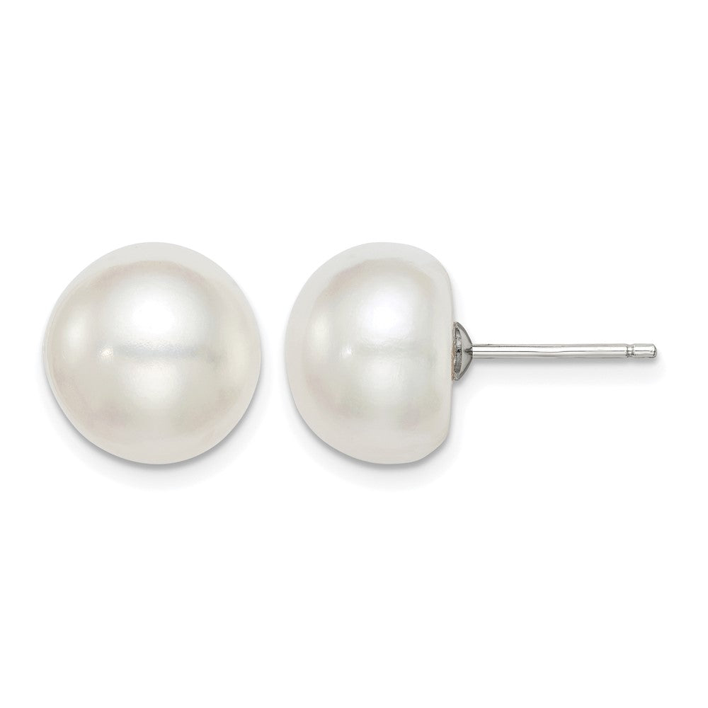 Sterling Silver Rh-plated 11-12mm White FWC Button Pearl Earrings