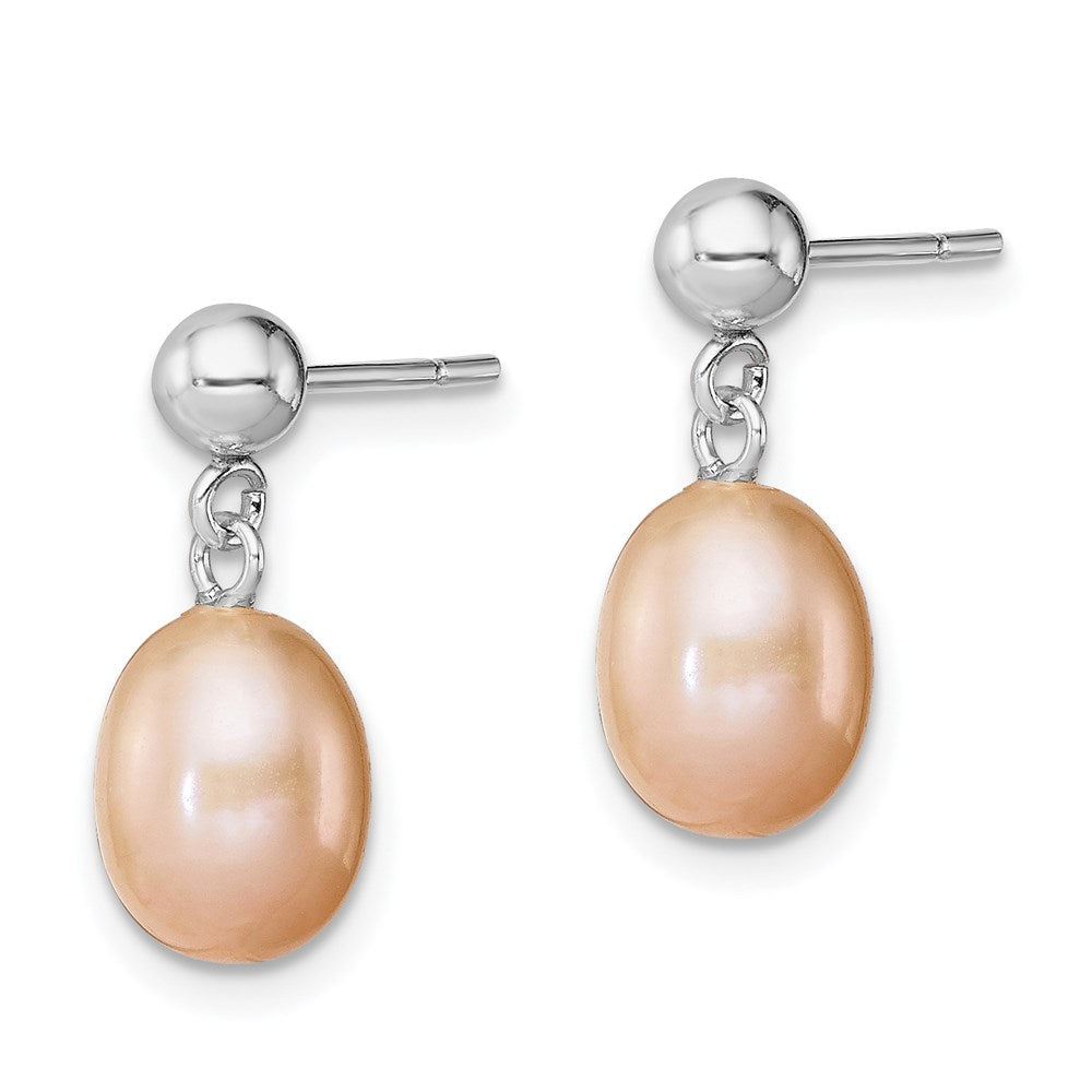 Sterling Silver RH-plated 7-8mm Pink FWC Pearl Post Dangle Earrings