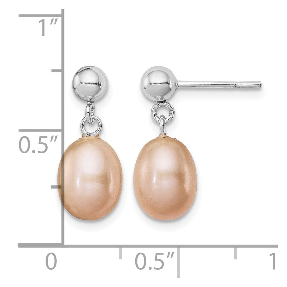 Sterling Silver RH-plated 7-8mm Pink FWC Pearl Post Dangle Earrings
