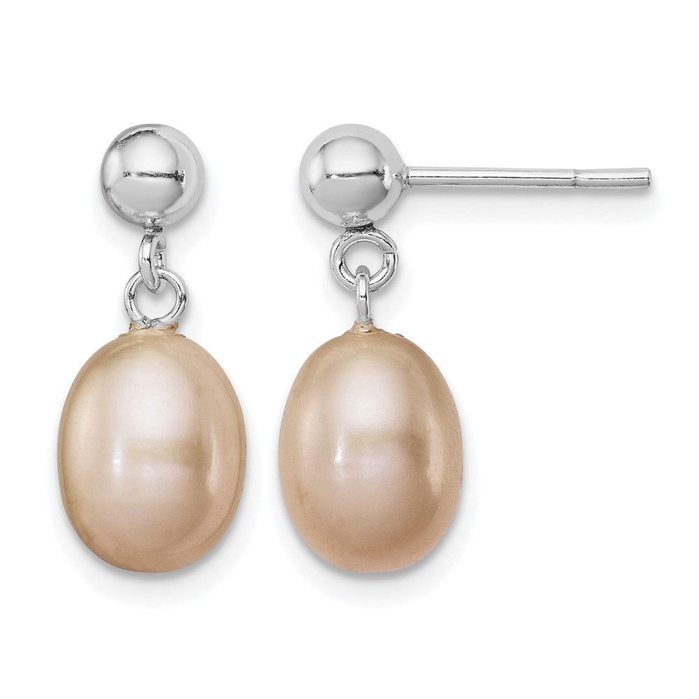 Sterling Silver RH-plated 7-8mm Pink FWC Pearl Post Dangle Earrings