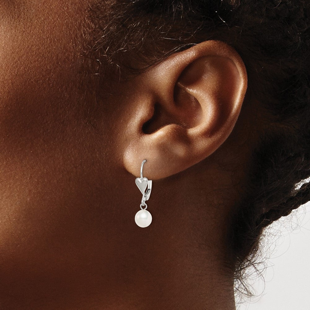 Sterling Silver RH-pltd 6-7mm FWC Pearl Heart Leverback Dangle Earrings