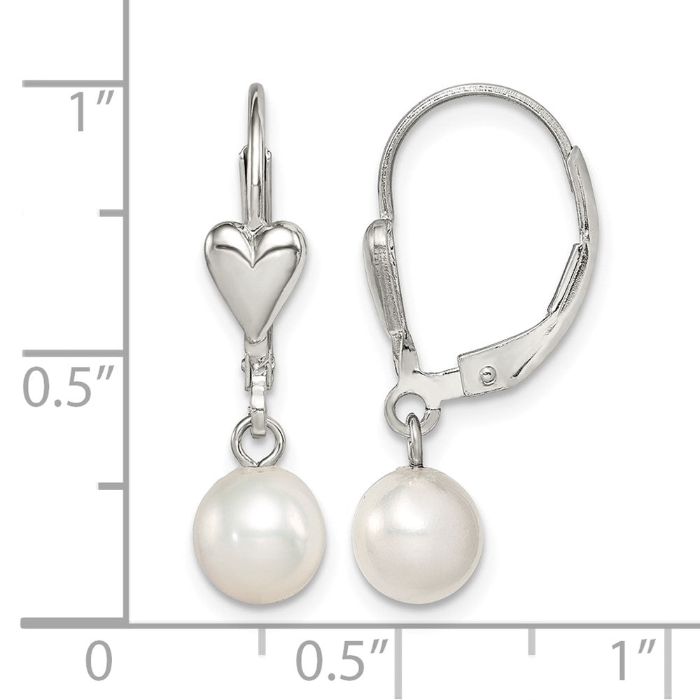 Sterling Silver RH-pltd 6-7mm FWC Pearl Heart Leverback Dangle Earrings