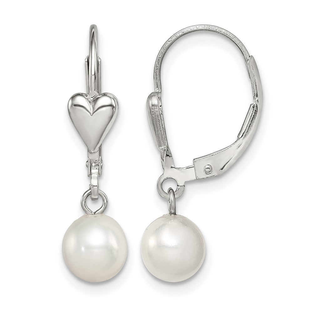 Sterling Silver RH-pltd 6-7mm FWC Pearl Heart Leverback Dangle Earrings