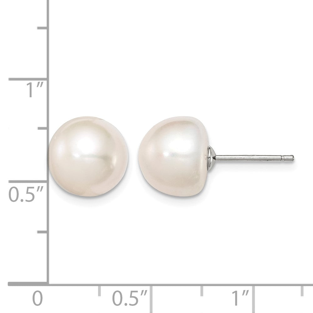 Sterling Silver Rh-plated 10-11mm White FWC Button Pearl Earrings