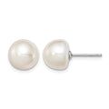 Sterling Silver Rh-plated 10-11mm White FWC Button Pearl Earrings