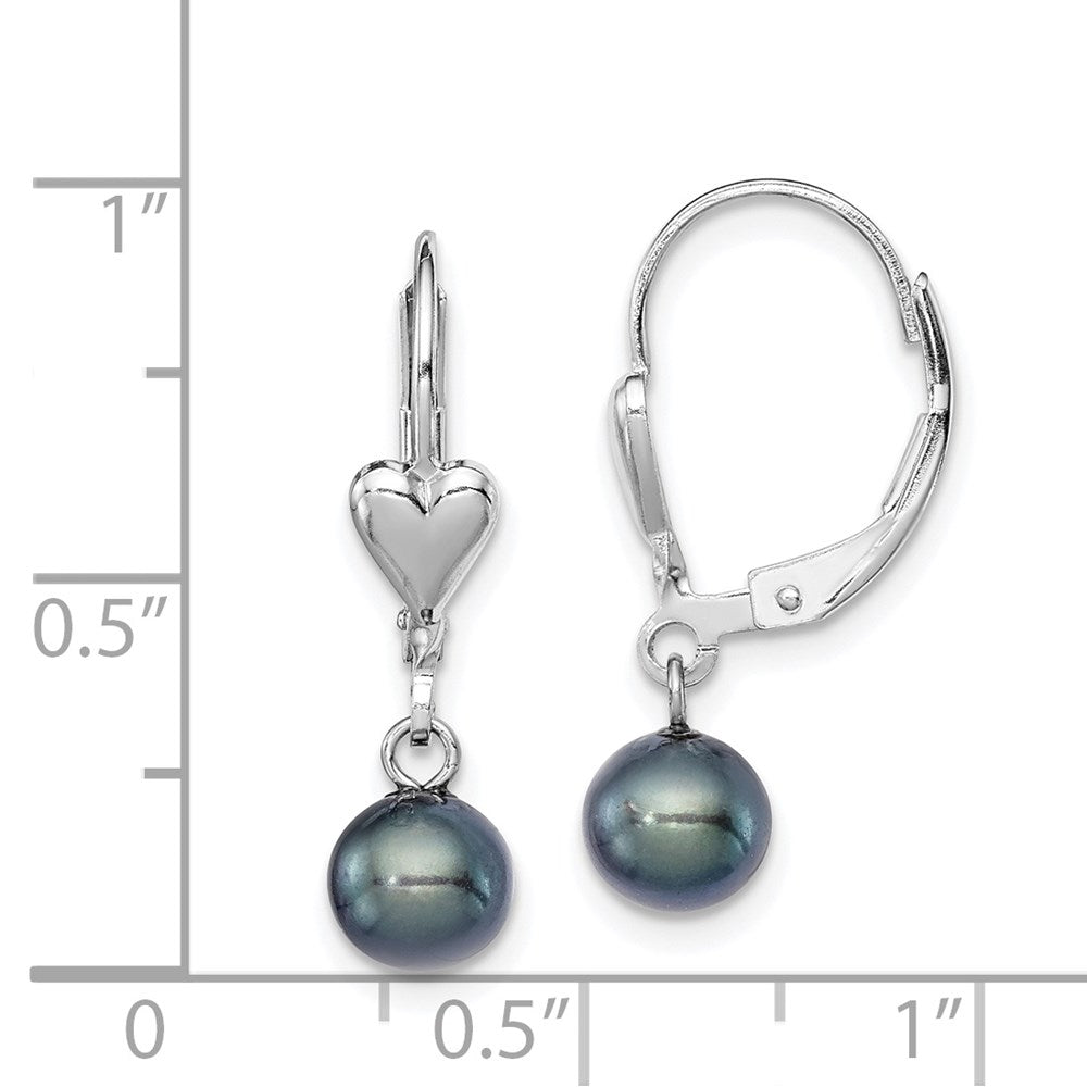 Sterling Silver RH-plated 6-7mm Black FWC Pearl Heart Leverback Earrings