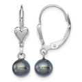 Sterling Silver RH-plated 6-7mm Black FWC Pearl Heart Leverback Earrings