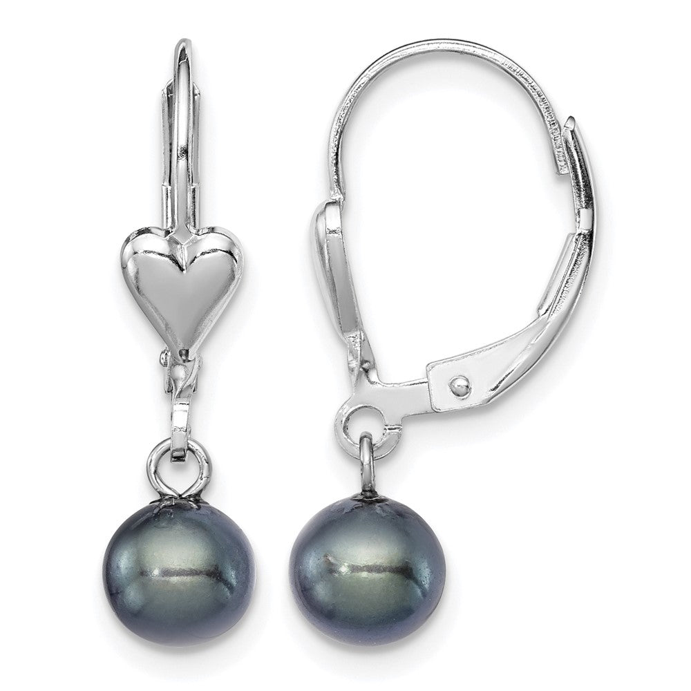 Sterling Silver RH-plated 6-7mm Black FWC Pearl Heart Leverback Earrings