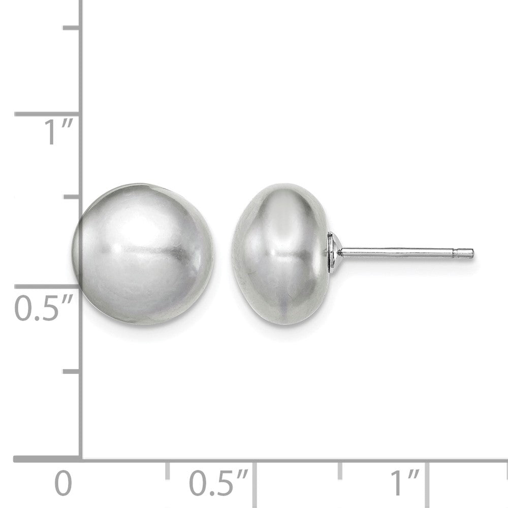 Sterling Silver Rh-plated 10-11mm Grey FWC Button Pearl Earrings