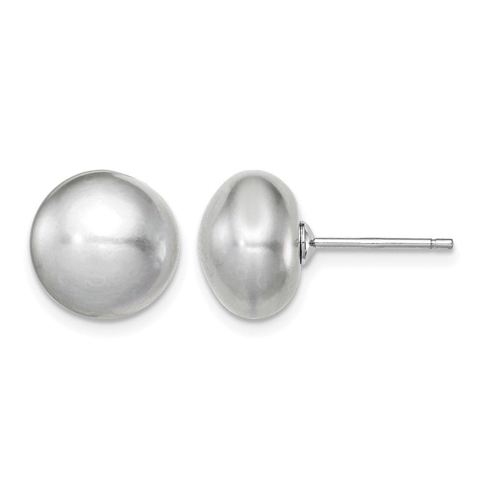 Sterling Silver Rh-plated 10-11mm Grey FWC Button Pearl Earrings