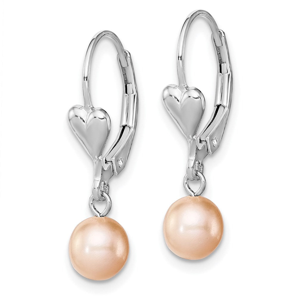Sterling Silver RH-plated 6-7mm Pink FWC Pearl Heart Leverback Earrings
