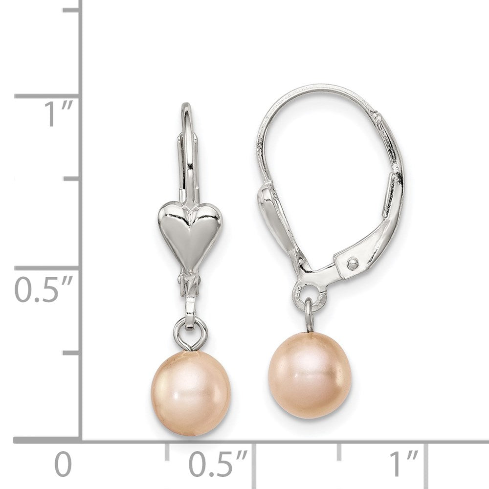 Sterling Silver RH-plated 6-7mm Pink FWC Pearl Heart Leverback Earrings