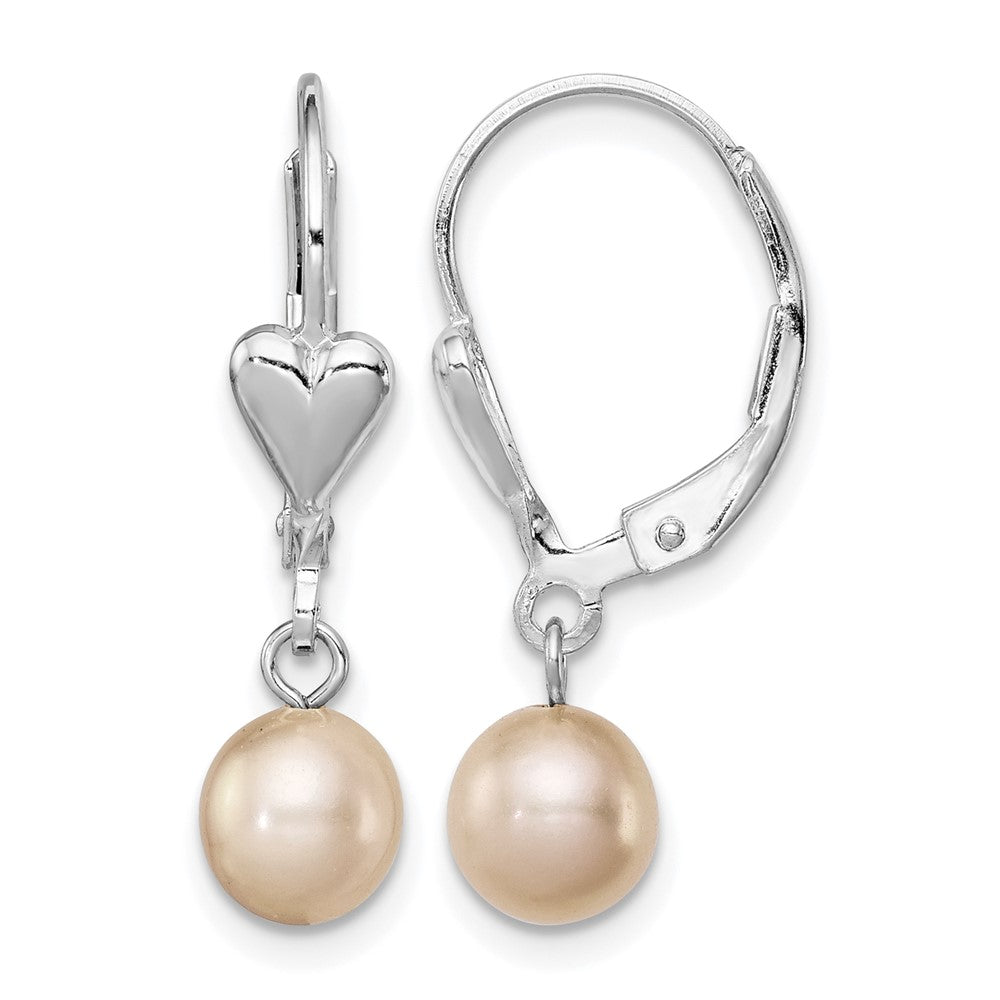 Sterling Silver RH-plated 6-7mm Pink FWC Pearl Heart Leverback Earrings