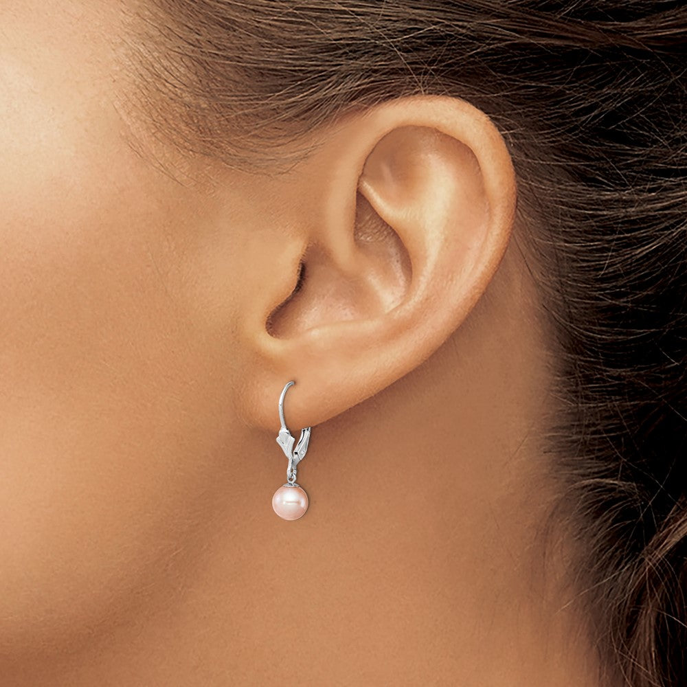 Sterling Silver Rhodium-plated 6-7mm Pink FWC Pearl Leverback Earrings