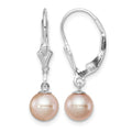 Sterling Silver Rhodium-plated 6-7mm Pink FWC Pearl Leverback Earrings