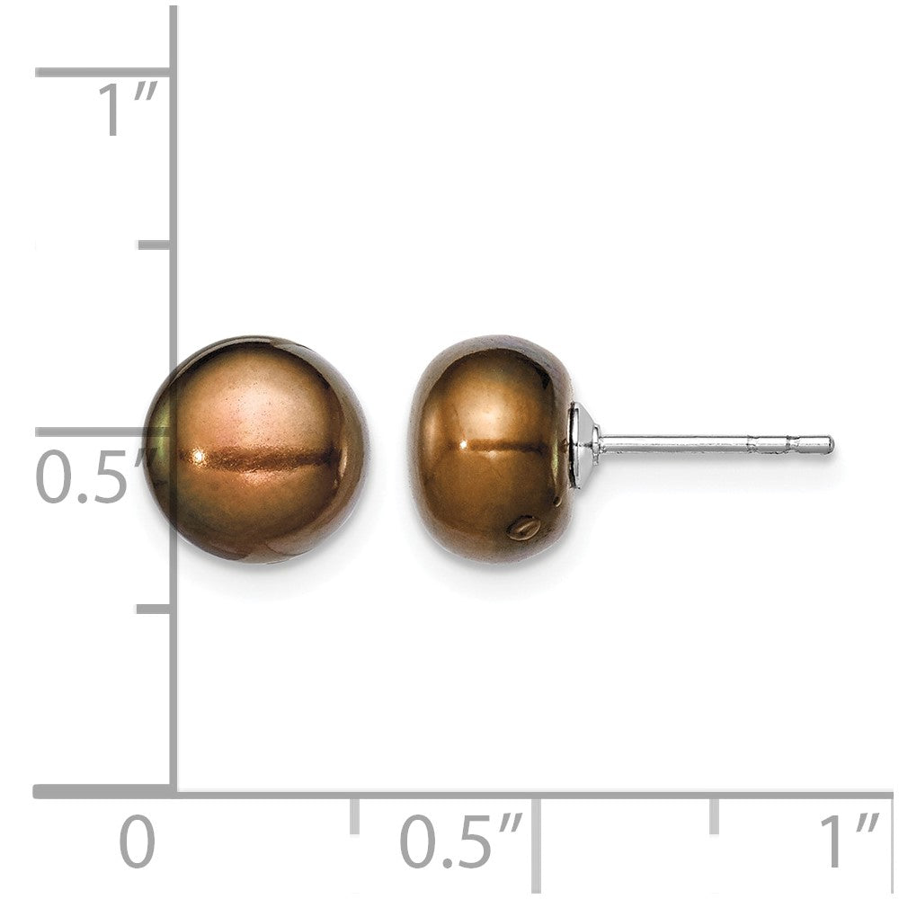 Sterling Silver Rh-plated 8-9mm Brown FW Cultured Button Pearl Stud Earring