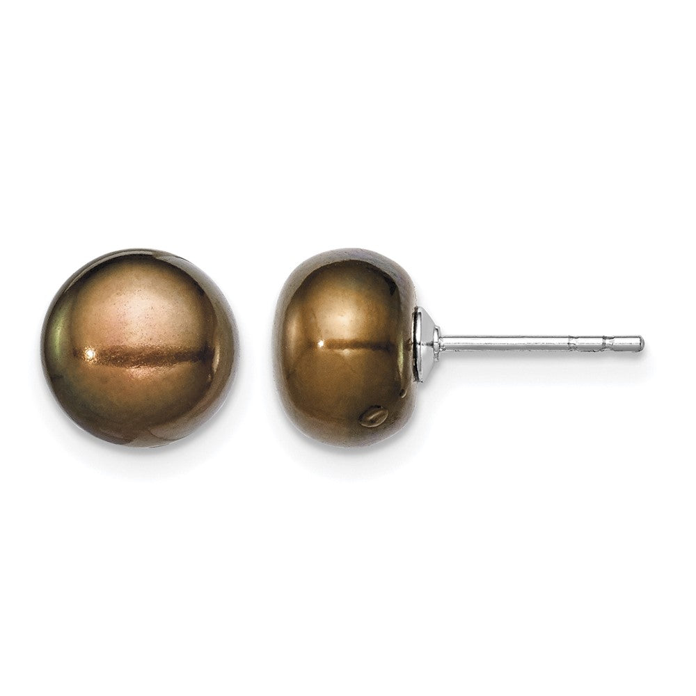 Sterling Silver Rh-plated 8-9mm Brown FW Cultured Button Pearl Stud Earring