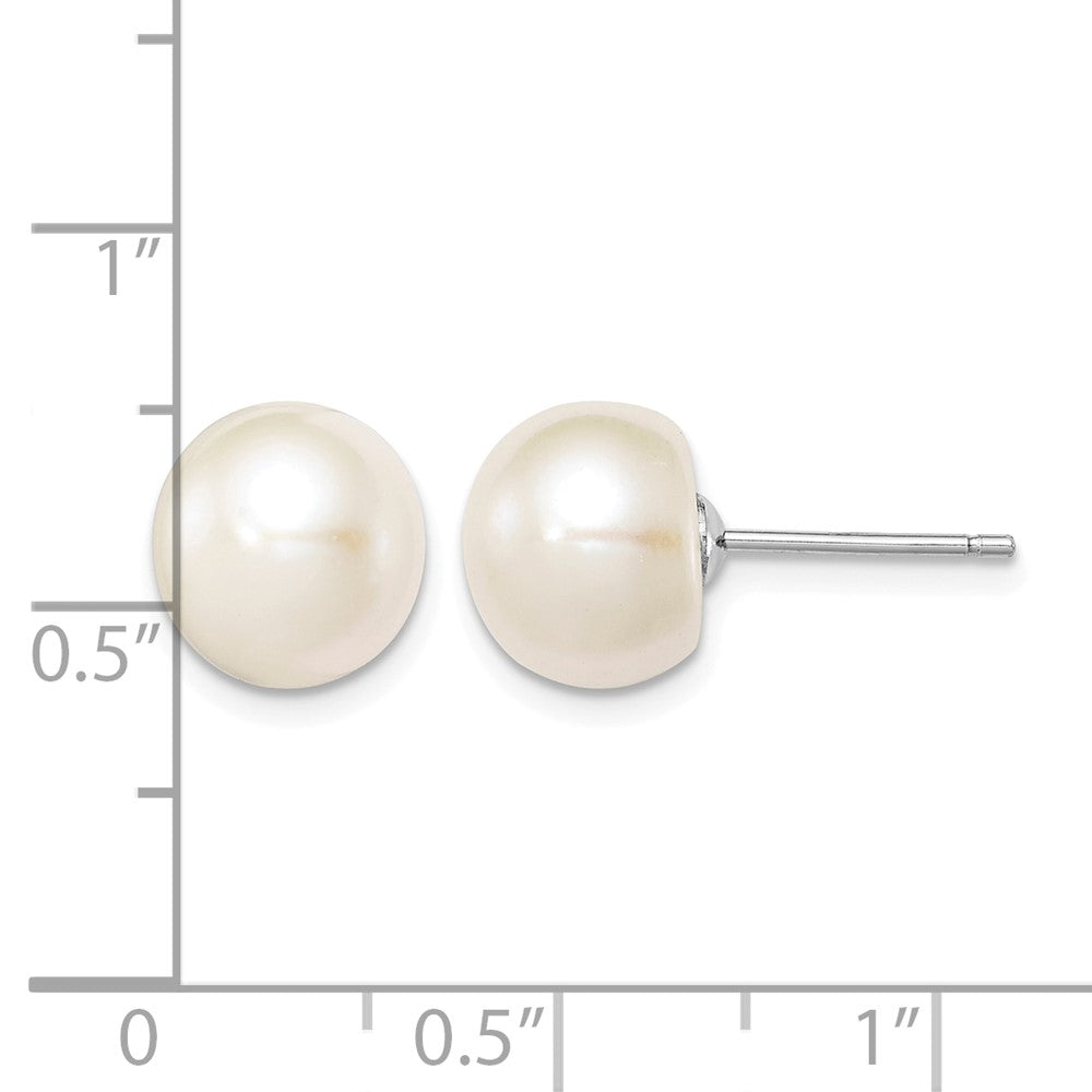 Sterling Silver Rh-plated 9-10mm White FWC Button Pearl Earrings