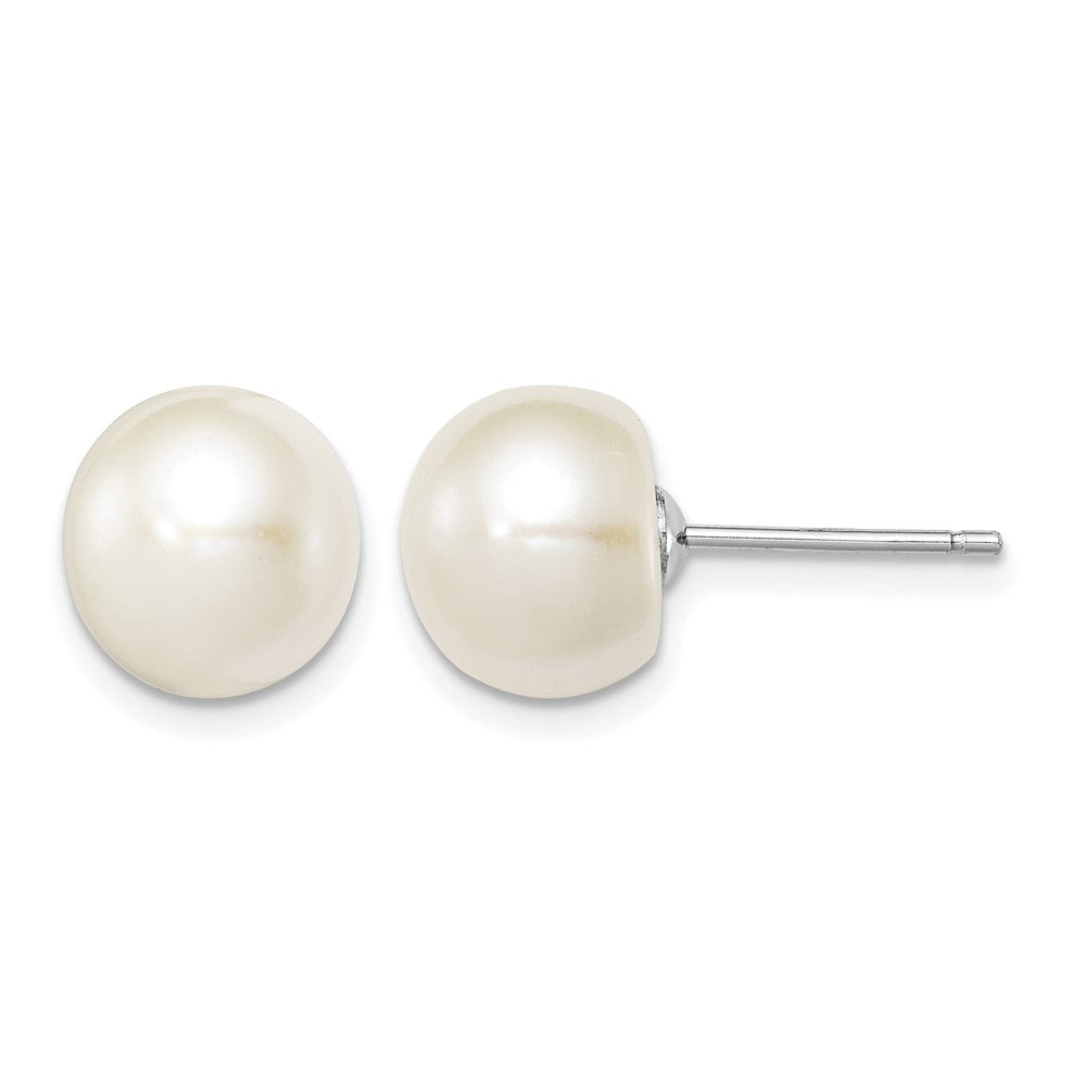 Sterling Silver Rh-plated 9-10mm White FWC Button Pearl Earrings