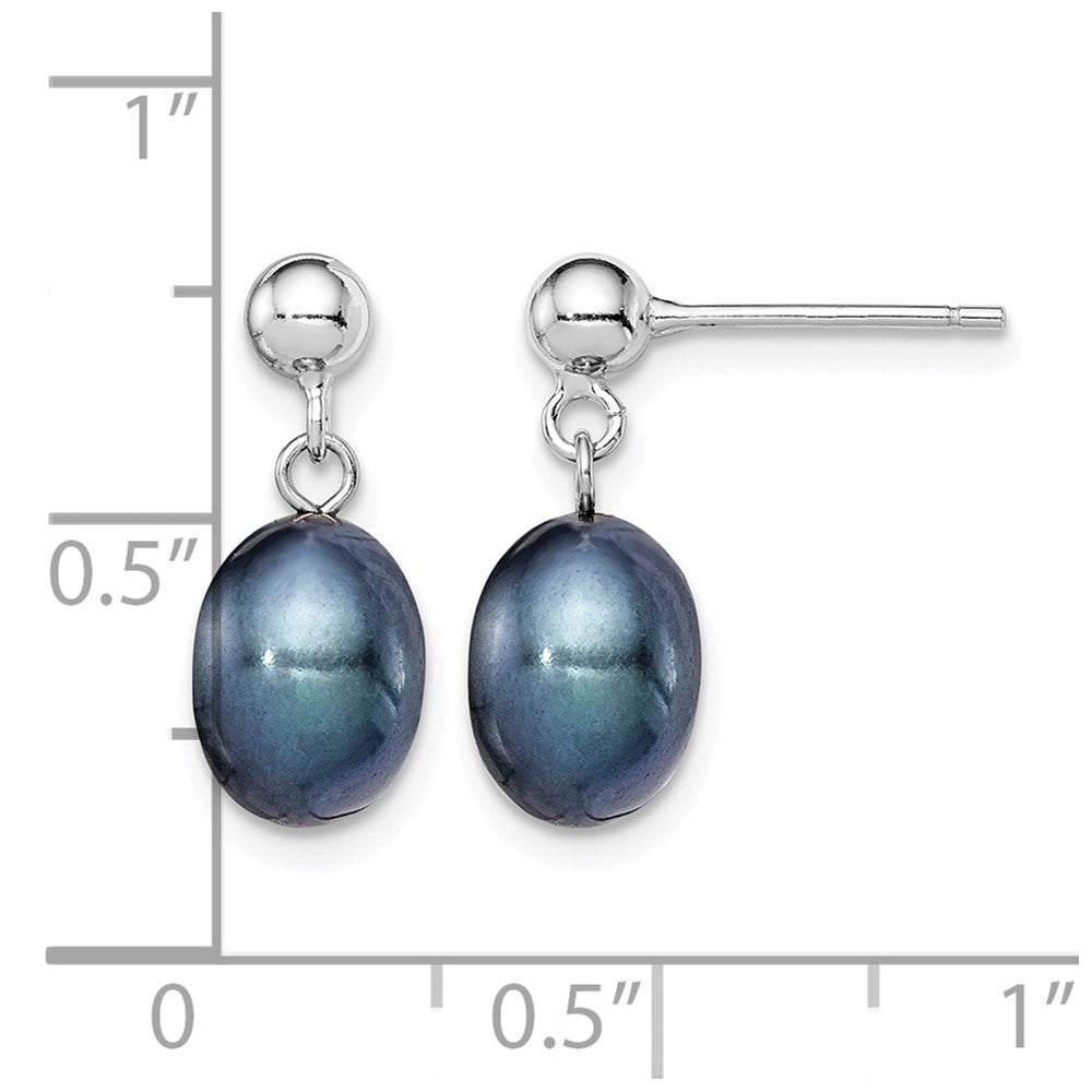 Sterling Silver RH-plated 7-8mm Black FWC Pearl Post Dangle Earrings