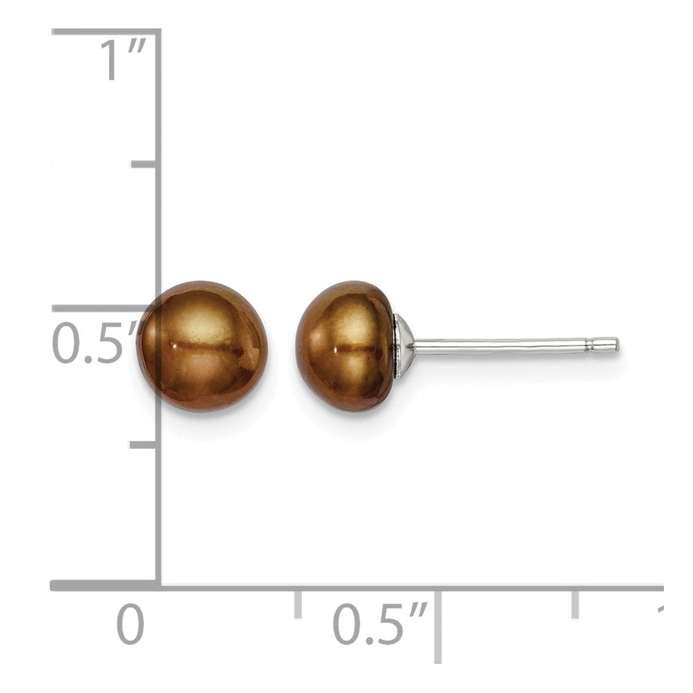 Sterling Silver Rh-plated 6-7mm Brown FW Cultured Button Pearl Stud Earring