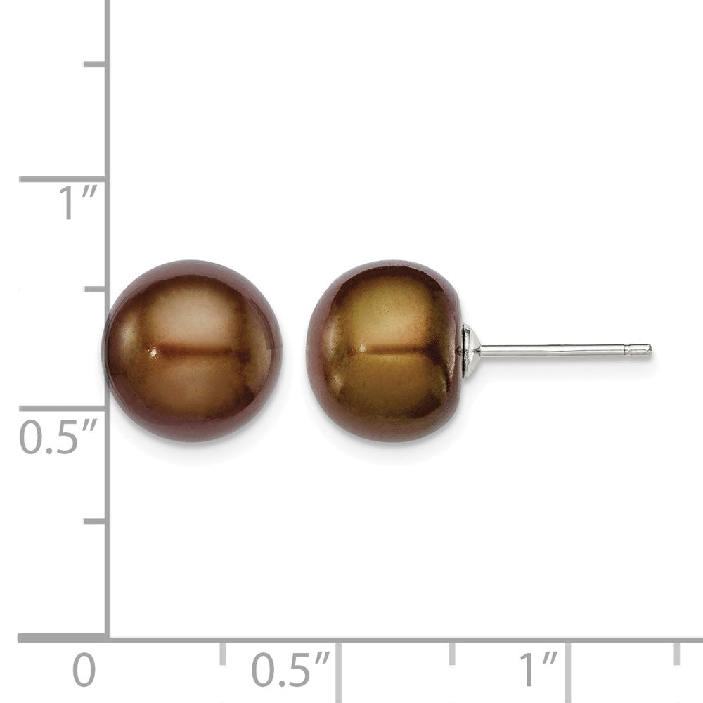 Sterling Silver Rh-plated 10-11mm Brown FWC Button Pearl Earrings