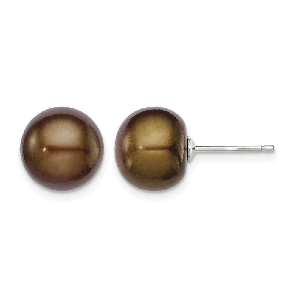 Sterling Silver Rh-plated 10-11mm Brown FWC Button Pearl Earrings