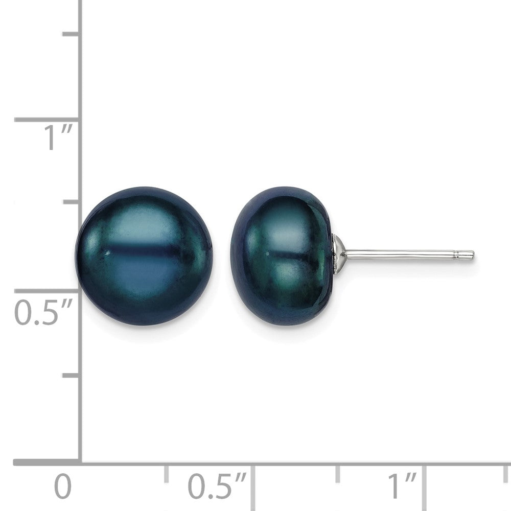 Sterling Silver Rh-plated 10-11mm Black FWC Button Pearl Earrings