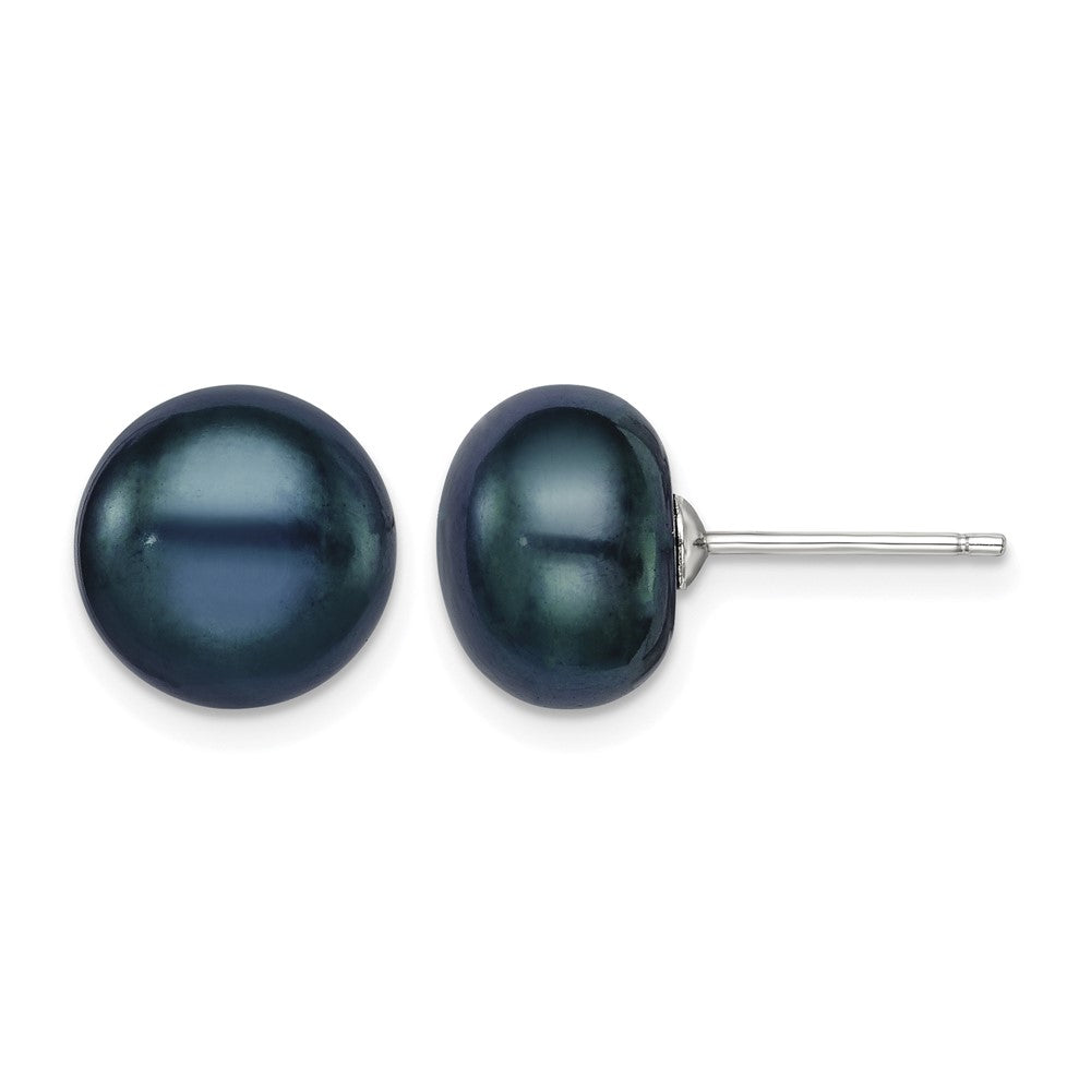 Sterling Silver Rh-plated 10-11mm Black FWC Button Pearl Earrings