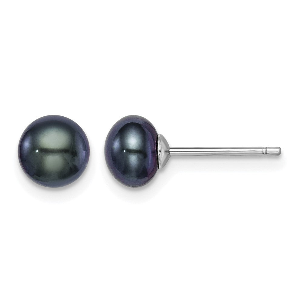 Sterling Silver Rh-plated 6-7mm FW Cultured Button Pearl Black Earrings