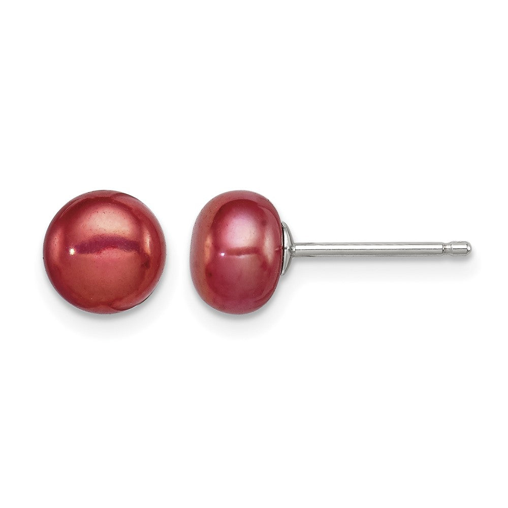 Sterling Silver Rhod-pltd Red 6-7mm Button FWC Pearl Post Earrings