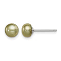 Sterling Silver Rhod-pltd Green 6-7mm Button FWC Pearl Post Earrings