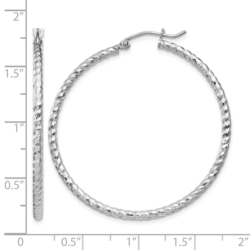 Sterling Silver Rhodium Plated Diamond-cut 2x40mm Hoop Earrings