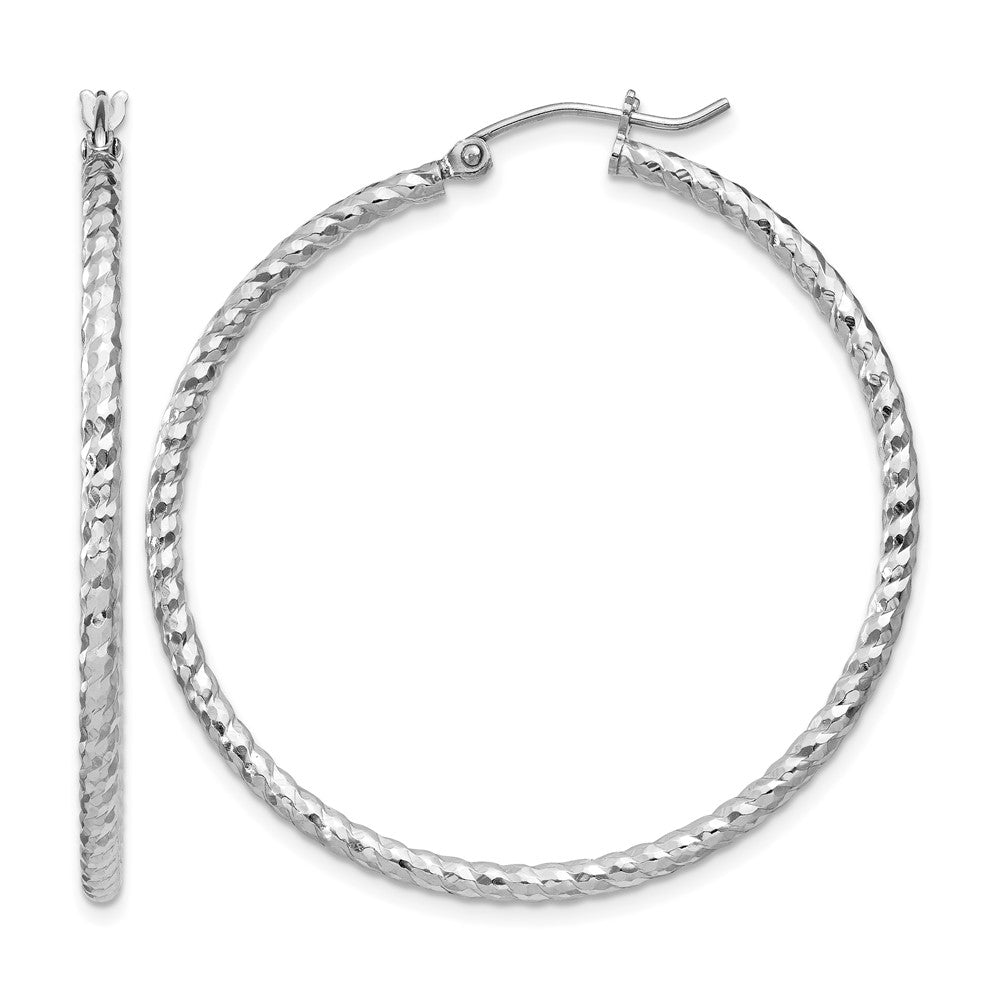 Sterling Silver Rhodium Plated Diamond-cut 2x40mm Hoop Earrings