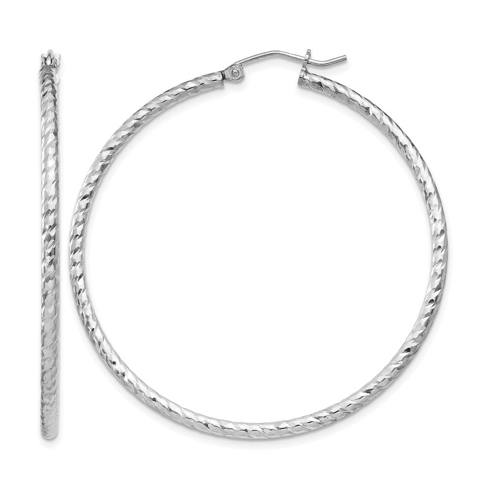 Sterling Silver Rhodium Plated Diamond-cut 2x50mm Hoop Earrings